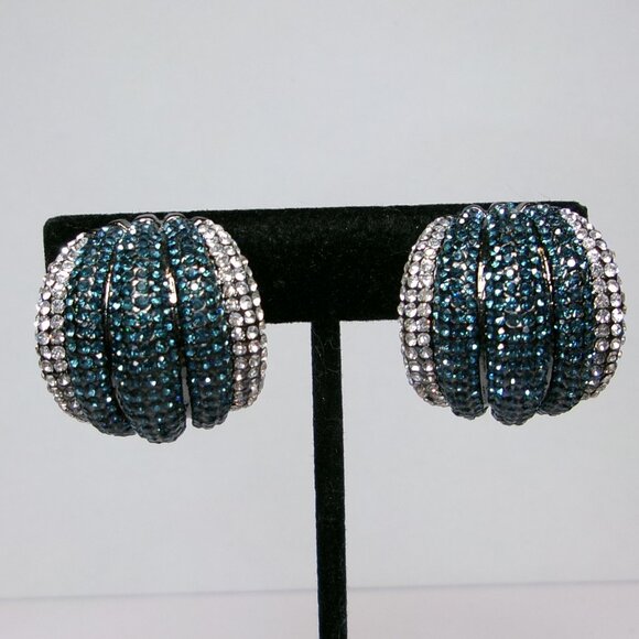 Joan Boyce Crystal Pave Aquamarine & Clear Crystal Clip Earrings - Picture 1 of 3